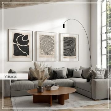 Metal Çerçeveli Camlı Vihals 3'lü Minimalist Tablo Seti