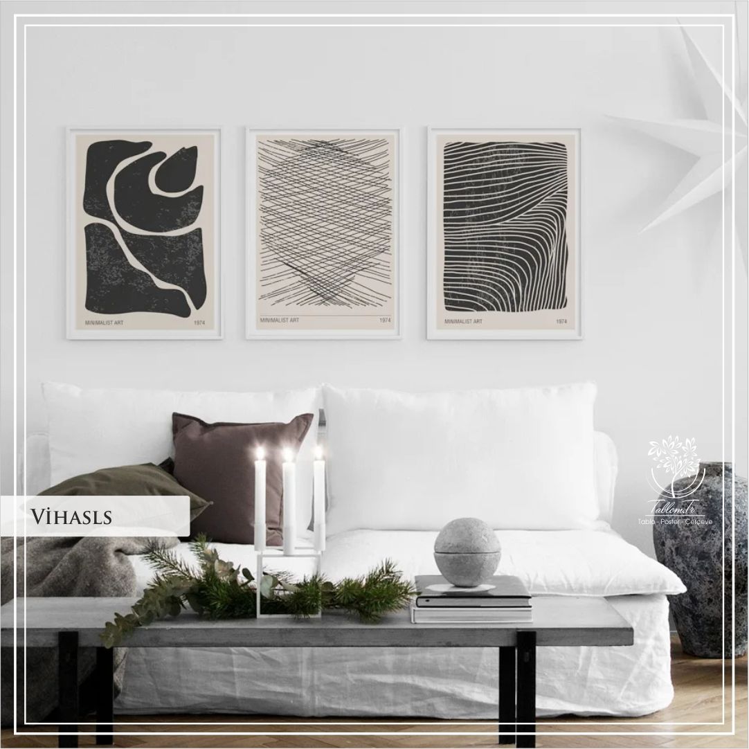 Metal Çerçeveli Camlı Vihals 3'lü Minimalist Tablo Seti