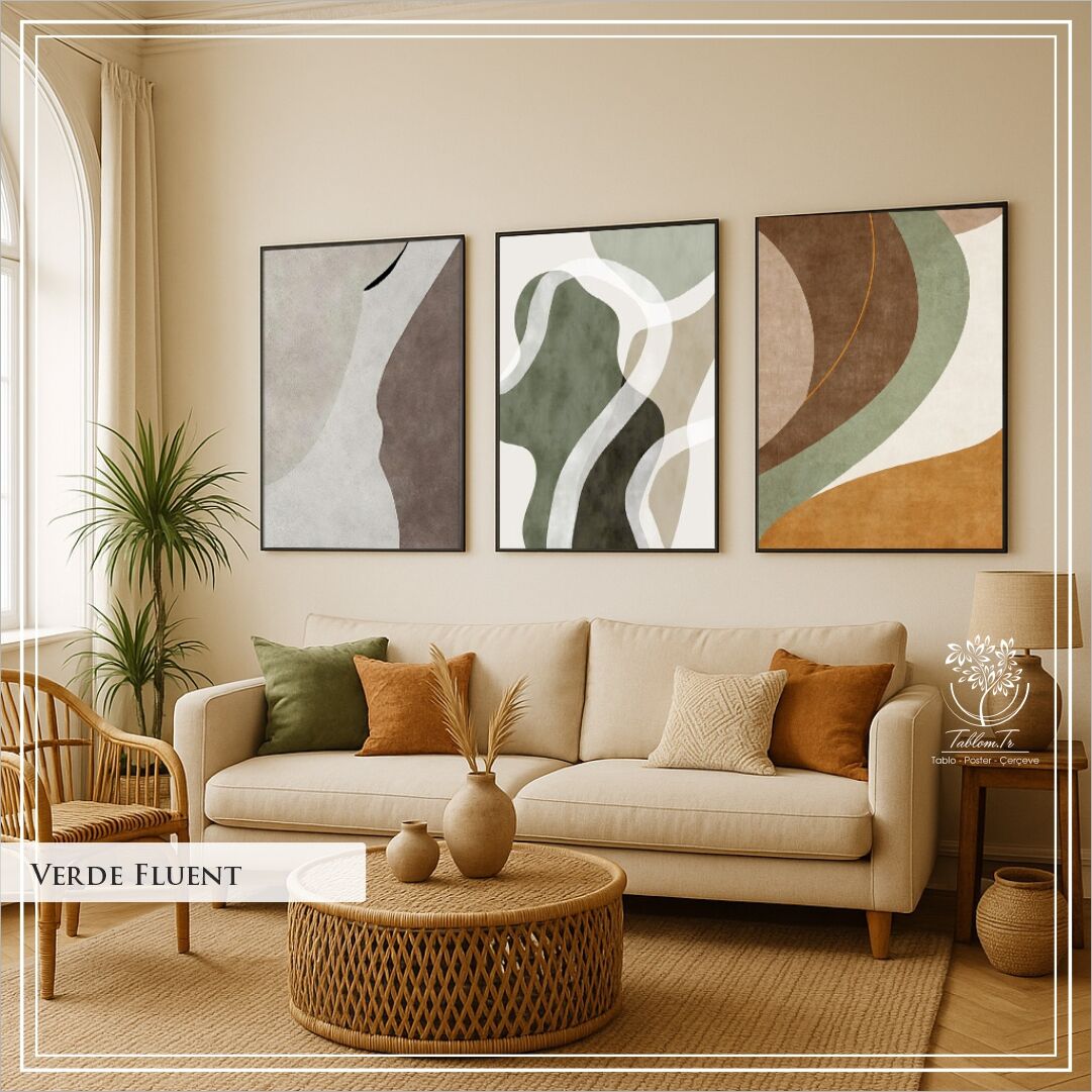 Dijital Baskılı Metal Çerçeveli Camlı Üçlü Dekoratif Tablo -Verde Fluent