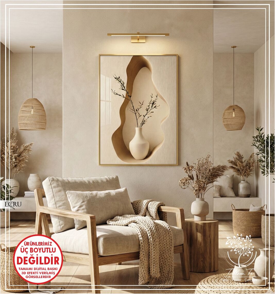 Dijital Baskılı Metal Çerçeveli Camlı Tekli Tablo -Ecru