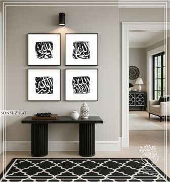 Metal Çerçeveli Camlı 4'lü Dekoratif Tablo Seti - Sonsuz Hat