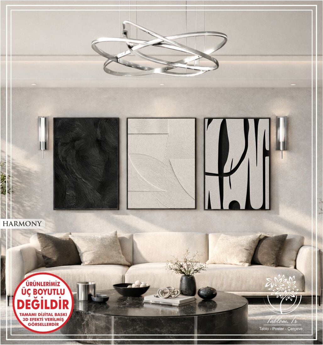 Dijital Baskılı Metal Çerçeveli Camlı Üçlü Dekoratif Tablo - Harmony