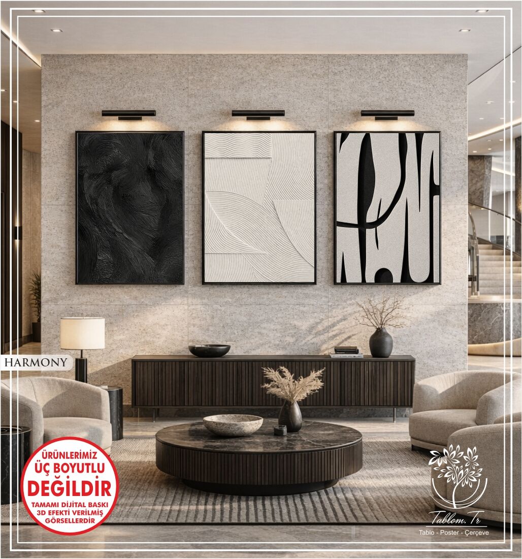 Dijital Baskılı Metal Çerçeveli Camlı Üçlü Dekoratif Tablo - Harmony