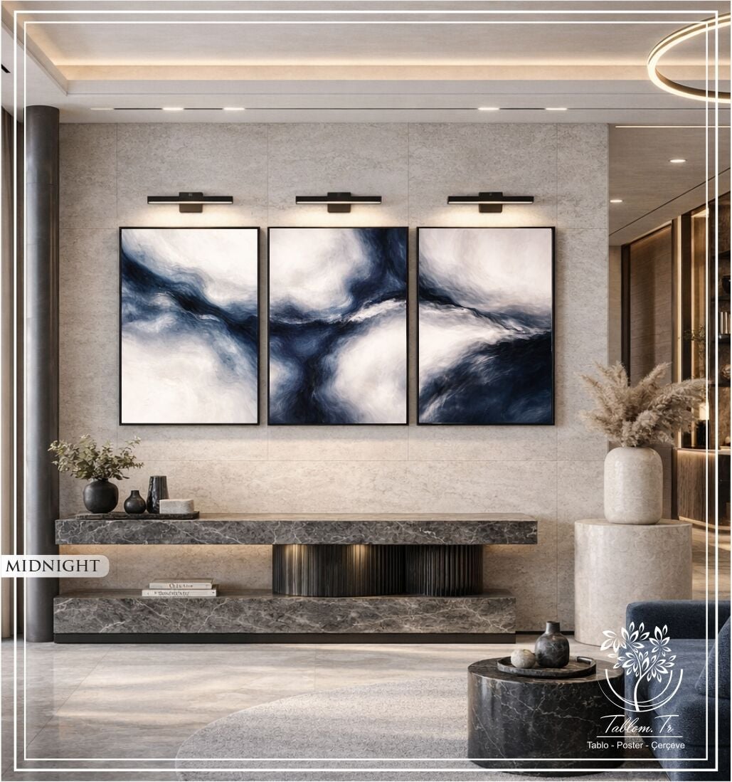Dijital Baskılı Metal Çerçeveli Camlı Üçlü Dekoratif Tablo - Midnight