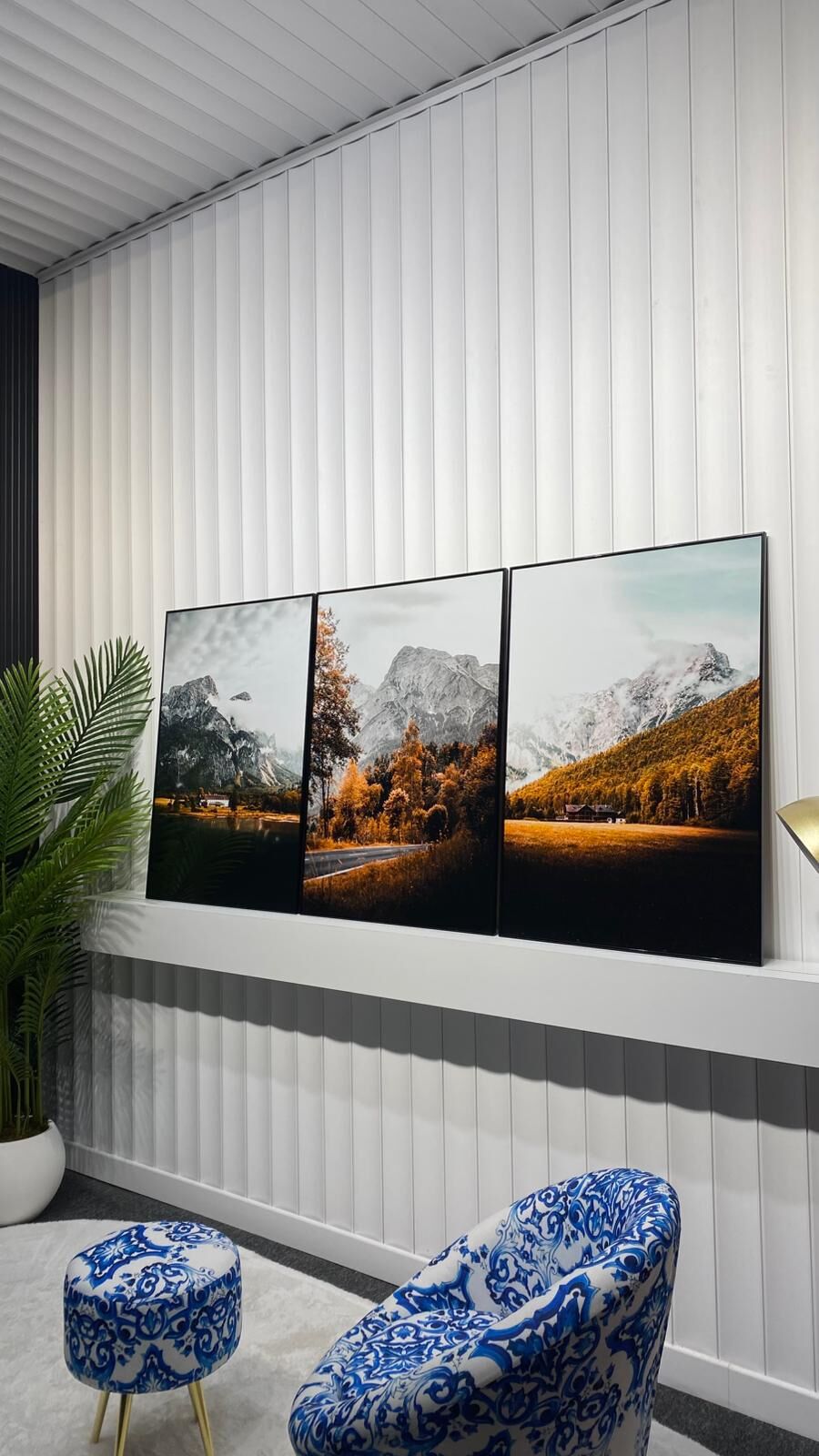 Dijital Baskılı Metal Çerçeveli Camlı Üçlü Dekoratif Tablo - Altın Yamaç