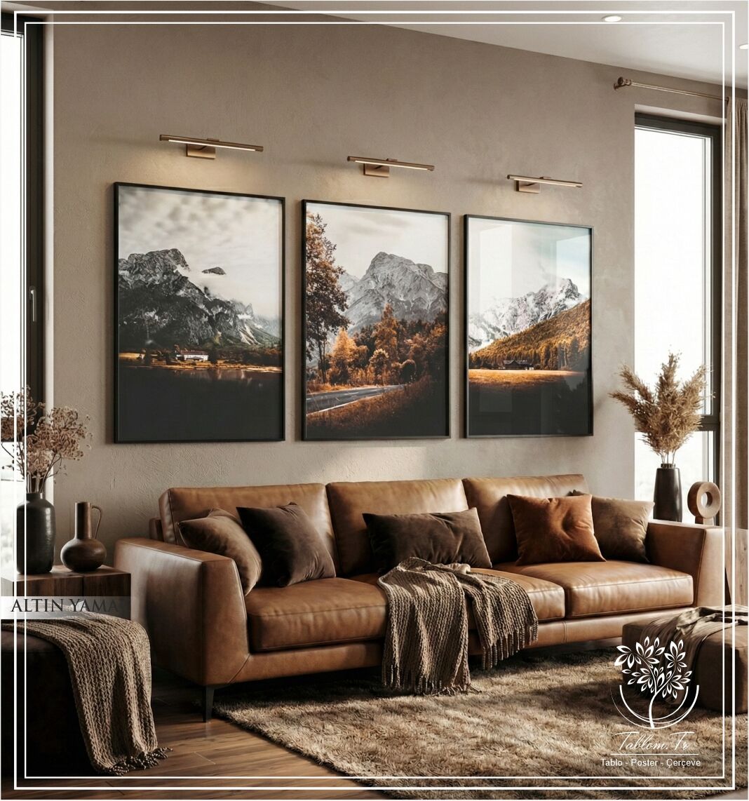 Dijital Baskılı Metal Çerçeveli Camlı Üçlü Dekoratif Tablo - Altın Yamaç