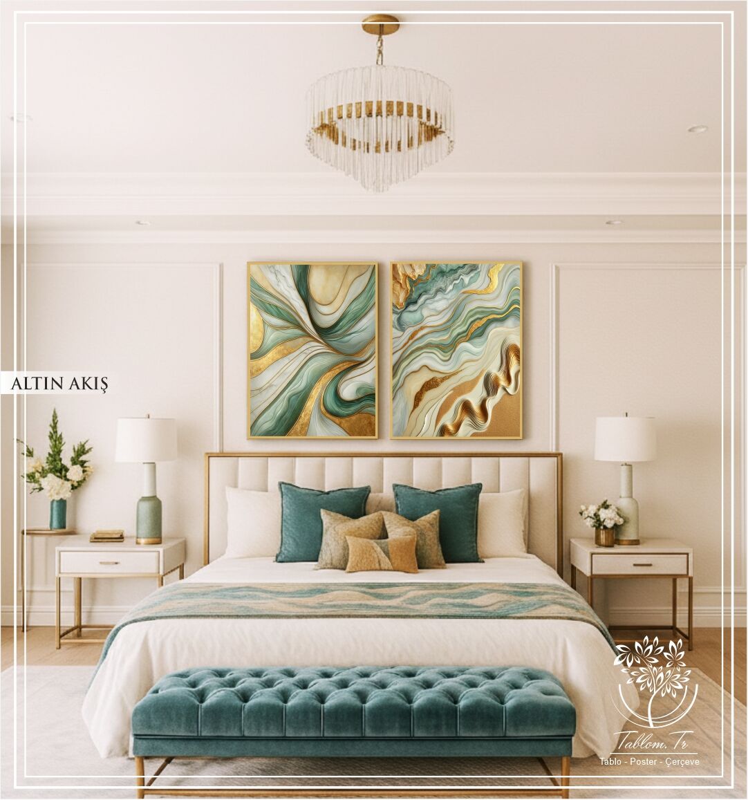 Dijital Baskılı Metal Çerçeveli Camlı İkili Dekoratif Tablo - Altın Akış