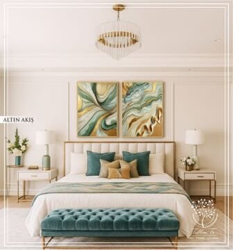 Dijital Baskılı Metal Çerçeveli Camlı İkili Dekoratif Tablo - Altın Akış