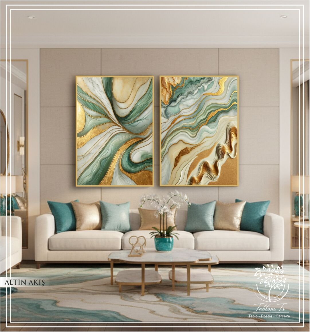 Dijital Baskılı Metal Çerçeveli Camlı İkili Dekoratif Tablo - Altın Akış