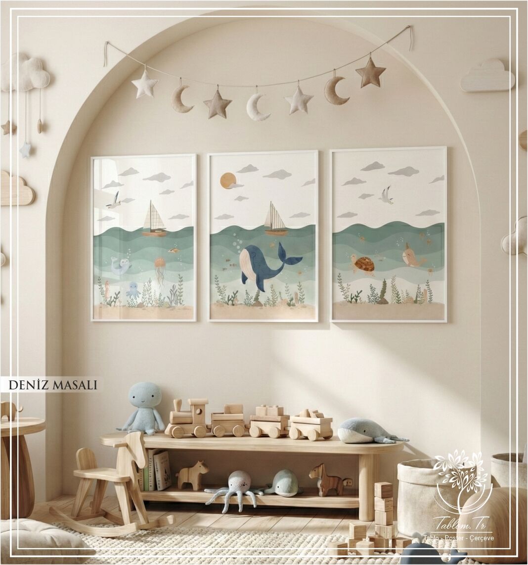 Dijital Baskılı Metal Çerçeveli Camlı Üçlü Dekoratif Tablo - Deniz Masalı