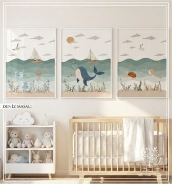 Dijital Baskılı Metal Çerçeveli Camlı Üçlü Dekoratif Tablo - Deniz Masalı