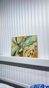 Dijital Baskılı Metal Çerçeveli Camlı İkili Dekoratif Tablo - Altın Akış