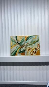 Dijital Baskılı Metal Çerçeveli Camlı İkili Dekoratif Tablo - Altın Akış