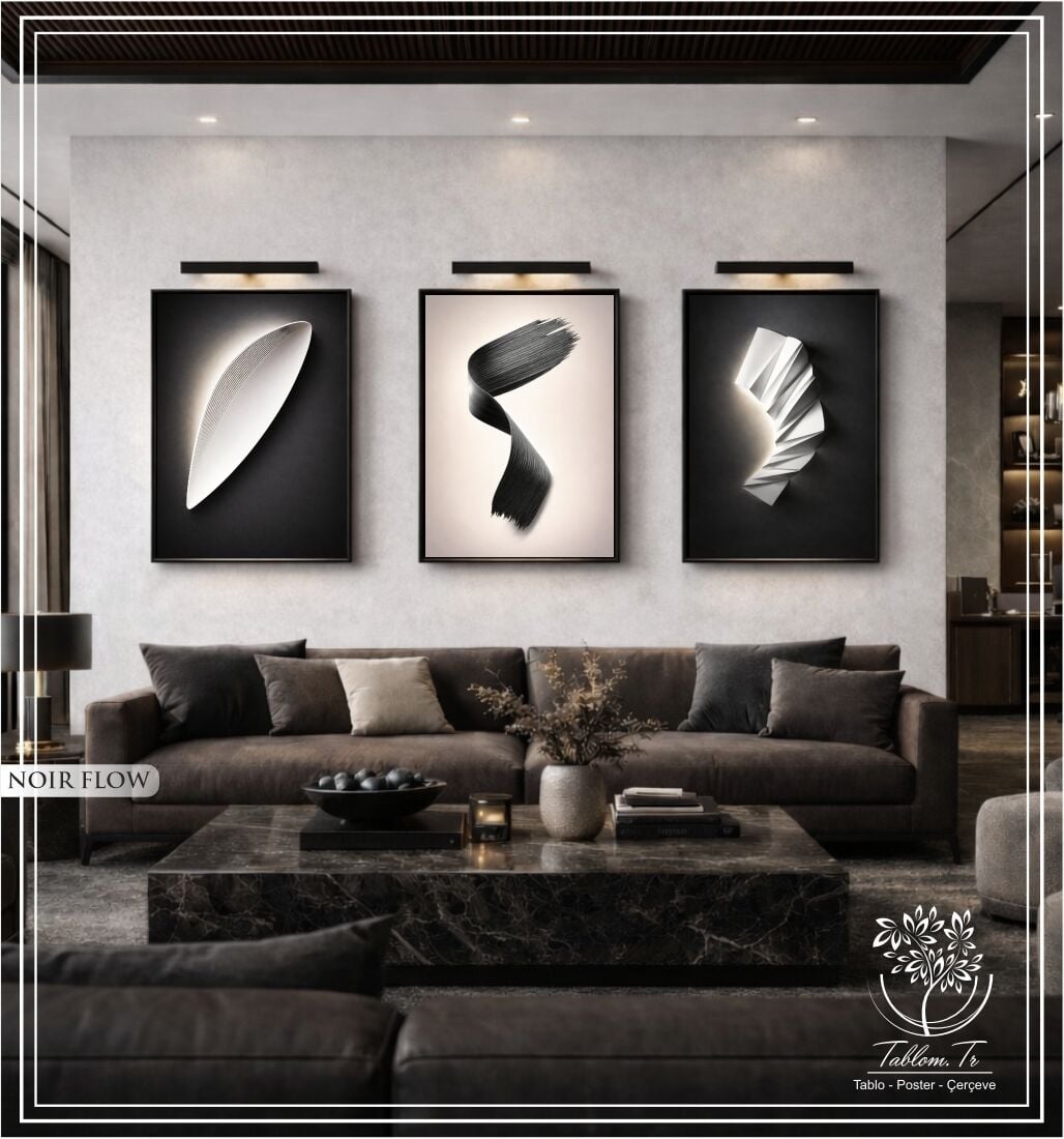 Dijital Baskılı Metal Çerçeveli Camlı Üçlü Dekoratif Tablo - Noir Flow