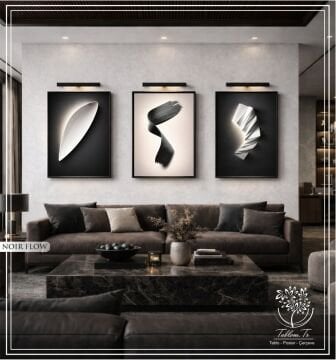 Dijital Baskılı Metal Çerçeveli Camlı Üçlü Dekoratif Tablo - Noir Flow