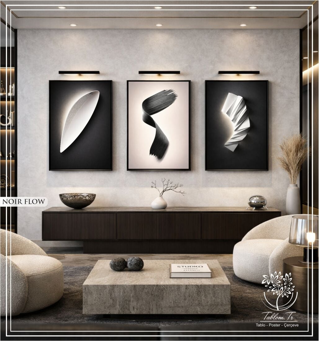 Dijital Baskılı Metal Çerçeveli Camlı Üçlü Dekoratif Tablo - Noir Flow