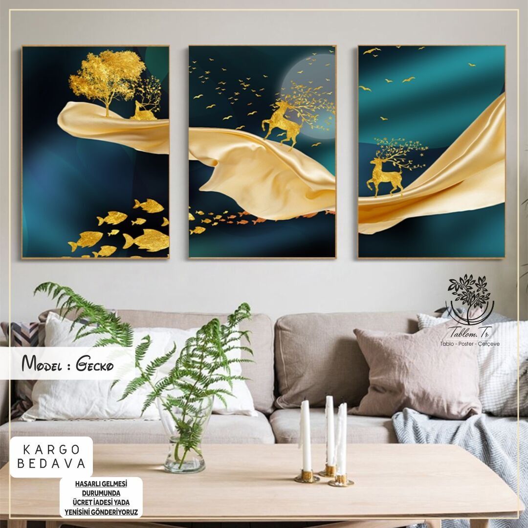 Gecko Üçlü Tablo Siyah - 70x100 CM