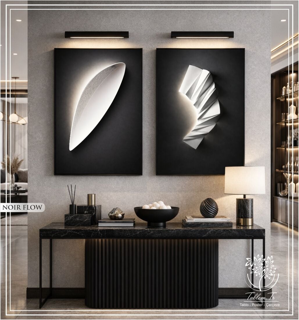Dijital Baskılı Metal Çerçeveli Camlı İkili Dekoratif Tablo - Noir Flow