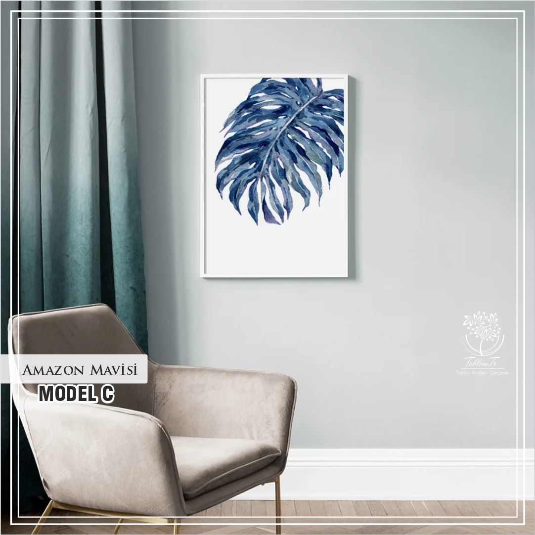 Metal Çerçeveli Camlı Amazon Mavisi Tekli Dekoratif Tablo Gümüş - 21x30 CM - Model C