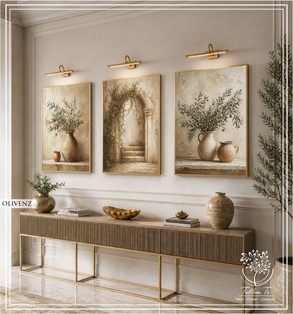 Dijital Baskılı Metal Çerçeveli Camlı Üçlü Dekoratif Tablo - Olivenz