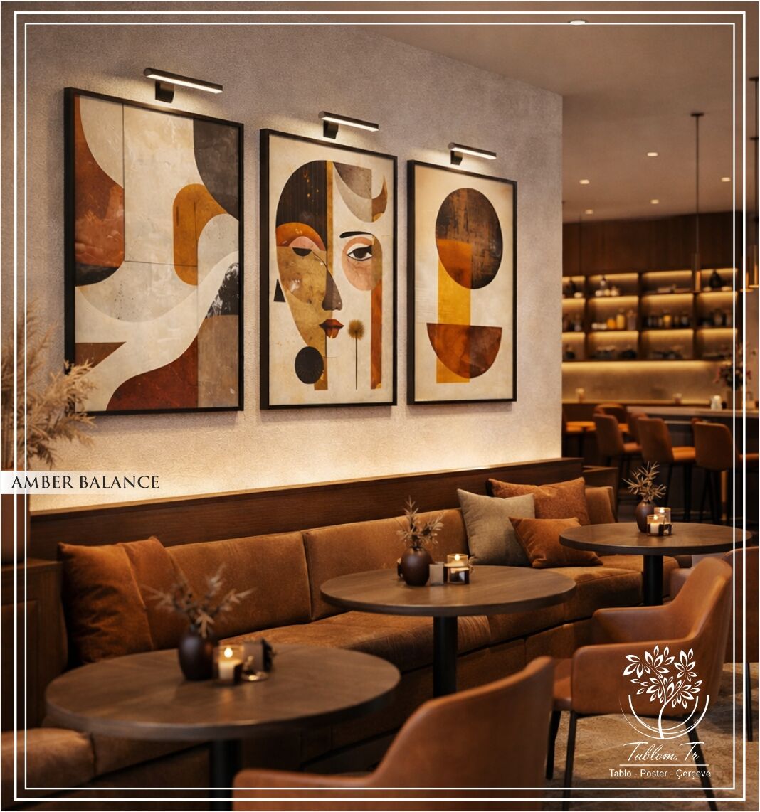 Dijital Baskılı Metal Çerçeveli Camlı Üçlü Dekoratif Tablo - Amber Balance