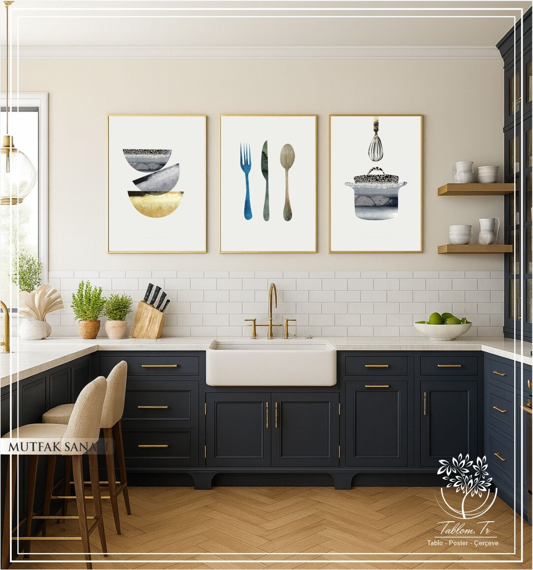 Dijital Baskılı Metal Çerçeveli Camlı Üçlü Dekoratif Tablo - Mutfak Sanatı