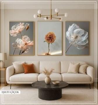 Dijital Baskılı Metal Çerçeveli Camlı Üçlü Dekoratif Tablo - Işıltı Çicek