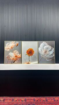 Dijital Baskılı Metal Çerçeveli Camlı Üçlü Dekoratif Tablo - Işıltı Çicek