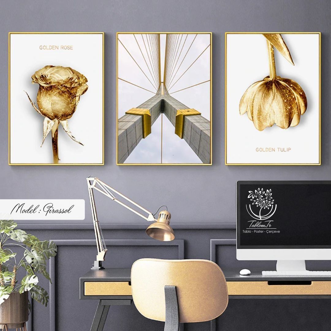 Girassol Üçlü Tablo Gold - 70x100 CM