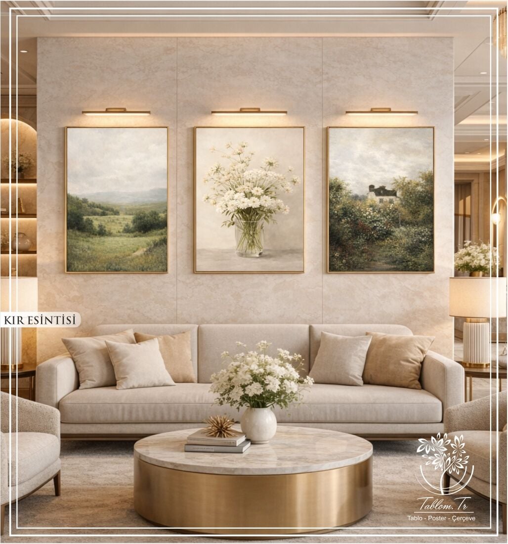 Dijital Baskılı Metal Çerçeveli Camlı Üçlü Dekoratif Tablo - Kır Esintisi