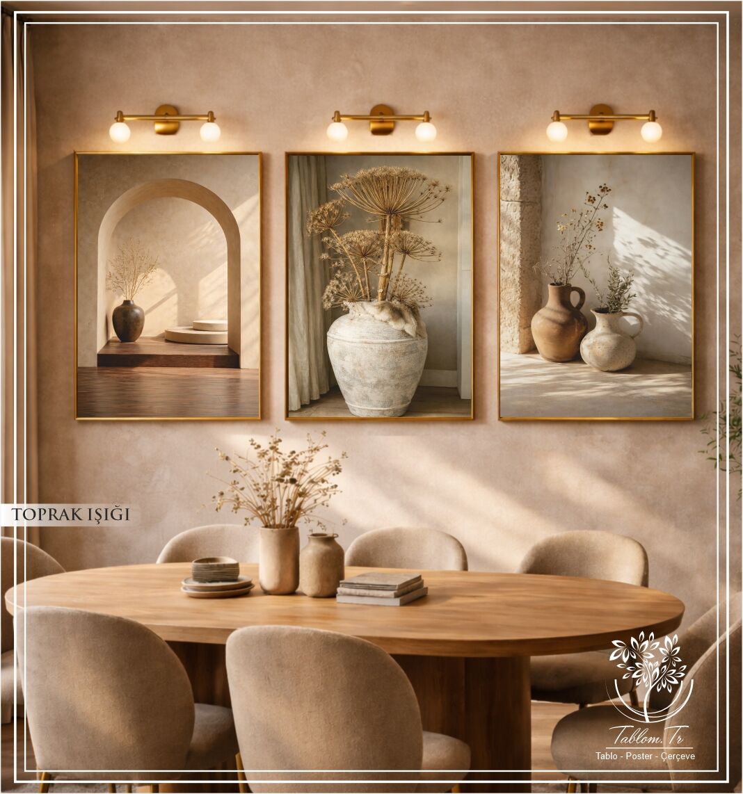 Dijital Baskılı Metal Çerçeveli Camlı Üçlü Dekoratif Tablo - Toprak Işığı