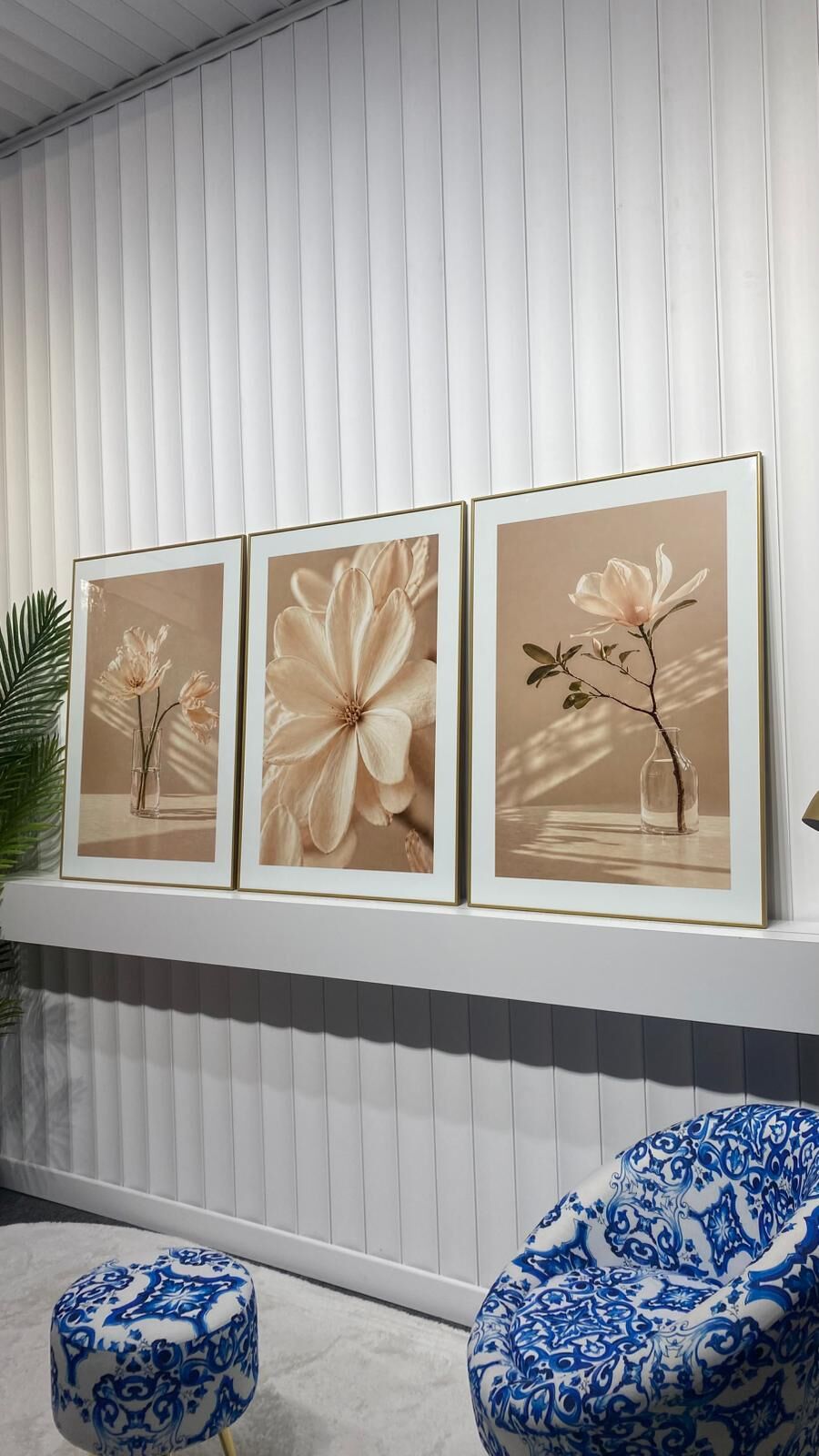 Dijital Baskılı Metal Çerçeveli Camlı Üçlü Dekoratif Tablo - Magnolia