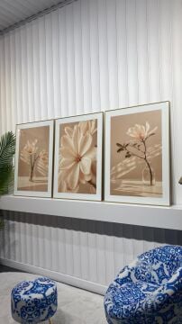 Dijital Baskılı Metal Çerçeveli Camlı Üçlü Dekoratif Tablo - Magnolia