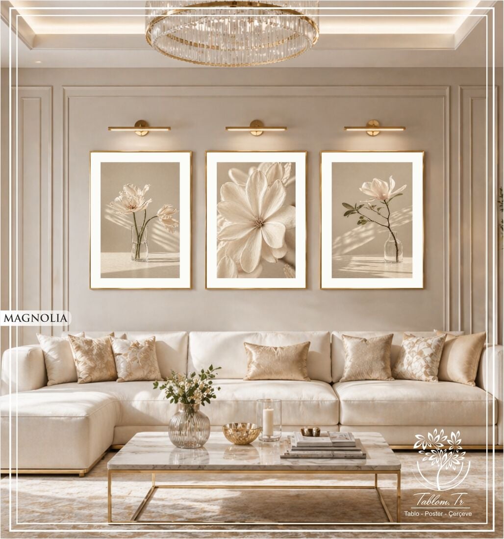 Dijital Baskılı Metal Çerçeveli Camlı Üçlü Dekoratif Tablo - Magnolia