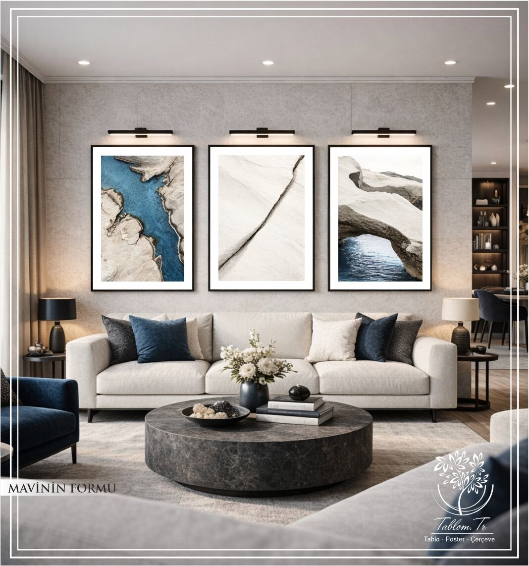 Dijital Baskılı Metal Çerçeveli Camlı Üçlü Dekoratif Tablo - Mavinin Formu