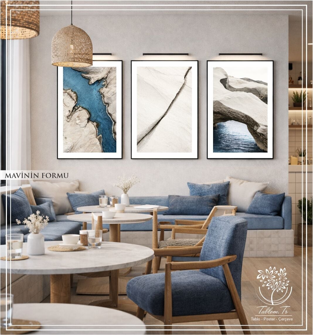 Dijital Baskılı Metal Çerçeveli Camlı Üçlü Dekoratif Tablo - Mavinin Formu