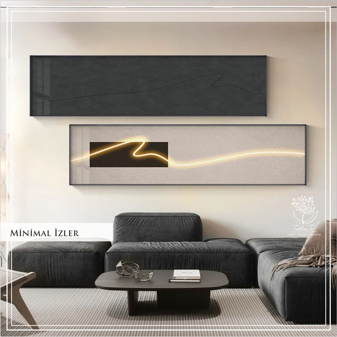 Dijital Baskılı Metal Çerçeveli Gerçek Camlı 2'li Tablo - Minimal İzler Model C