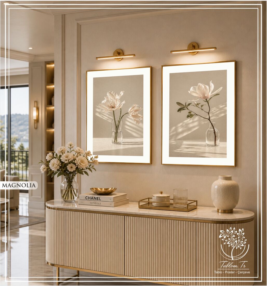 Dijital Baskılı Metal Çerçeveli Camlı İkili Dekoratif Tablo - Magnolia