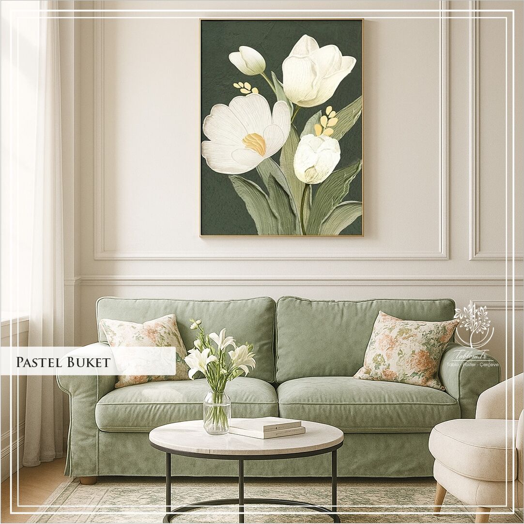 Dijital Baskılı Metal Çerçeceli Camlı Tekli Tablo - Pastel Buket
