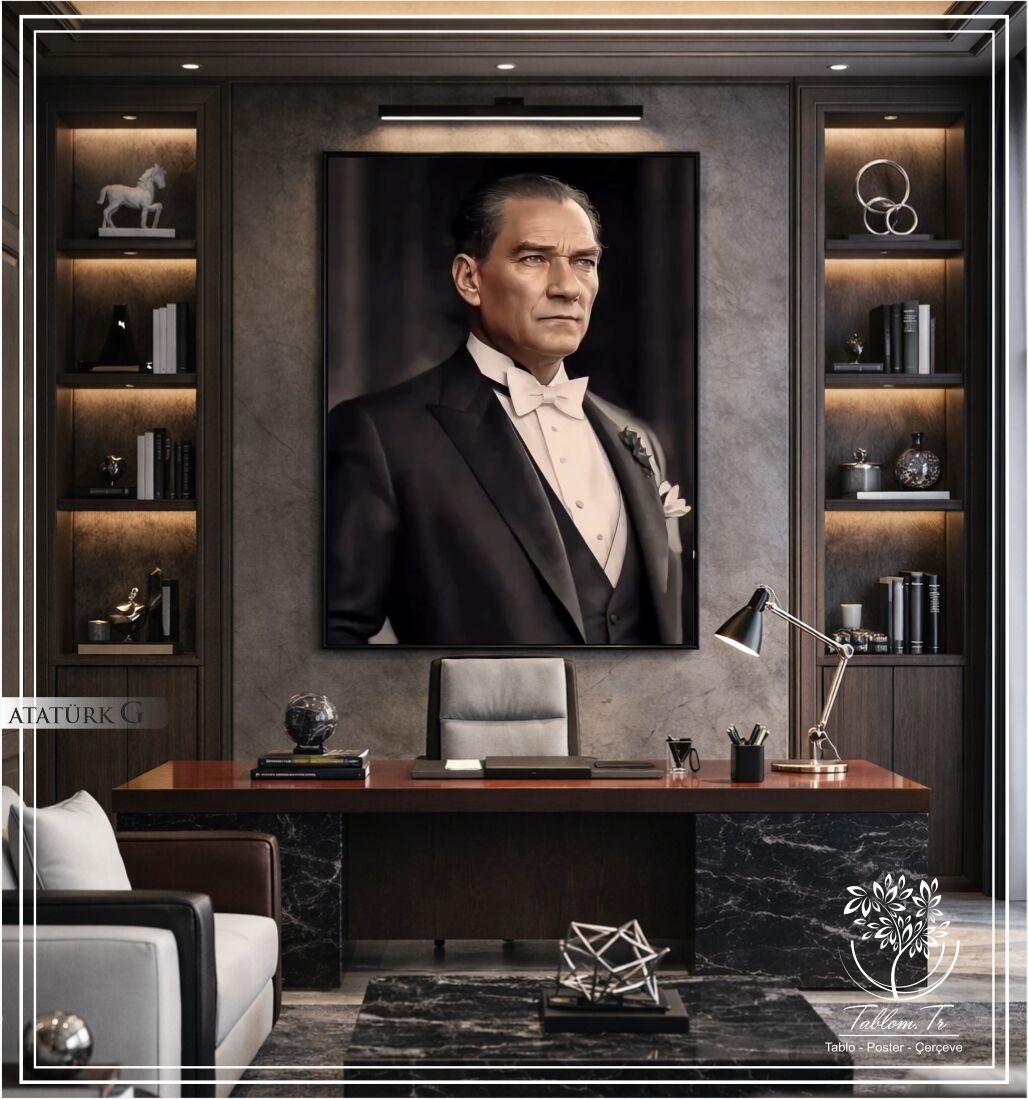 Metal Çerçeveli Camlı Mustafa Kemal Atatürk Tablosu Beyaz - 30x40 CM - MODEL G