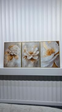 Dijital Baskılı Metal Çerçeveli Camlı Üçlü Dekoratif Tablo - Golden Bloom