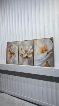 Dijital Baskılı Metal Çerçeveli Camlı Üçlü Dekoratif Tablo - Golden Bloom