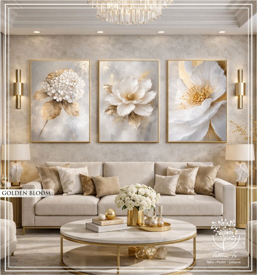 Dijital Baskılı Metal Çerçeveli Camlı Üçlü Dekoratif Tablo - Golden Bloom