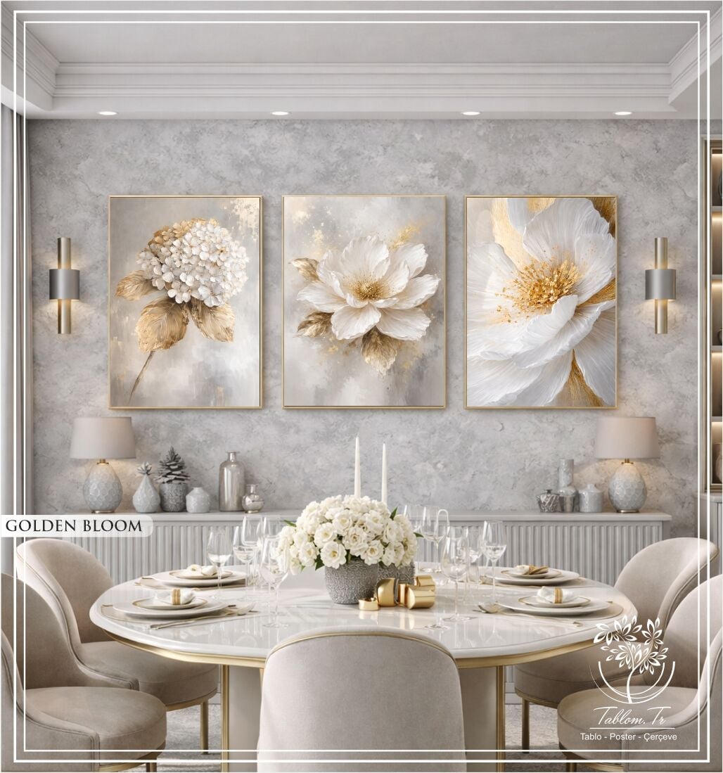 Dijital Baskılı Metal Çerçeveli Camlı Üçlü Dekoratif Tablo - Golden Bloom