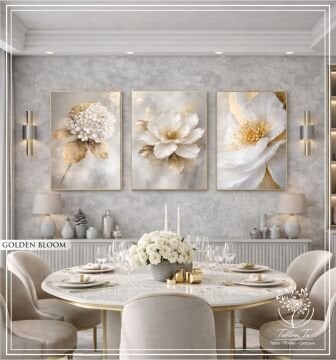 Dijital Baskılı Metal Çerçeveli Camlı Üçlü Dekoratif Tablo - Golden Bloom