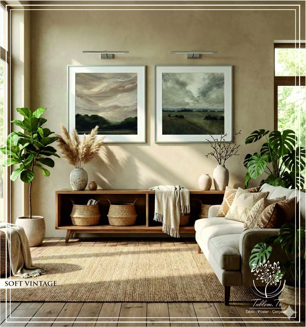 Metal Çerçeveli Gercek Camlı 2'li Tablo - Soft Vintage
