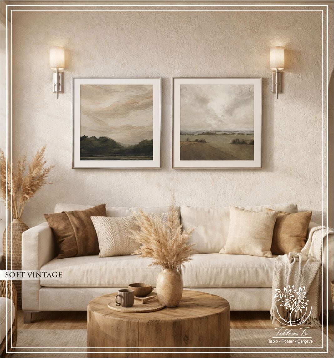 Metal Çerçeveli Gercek Camlı 2'li Tablo - Soft Vintage