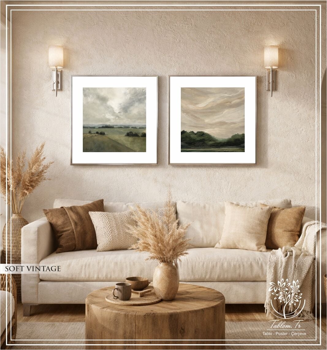 Metal Çerçeveli Gercek Camlı 2'li Tablo - Soft Vintage