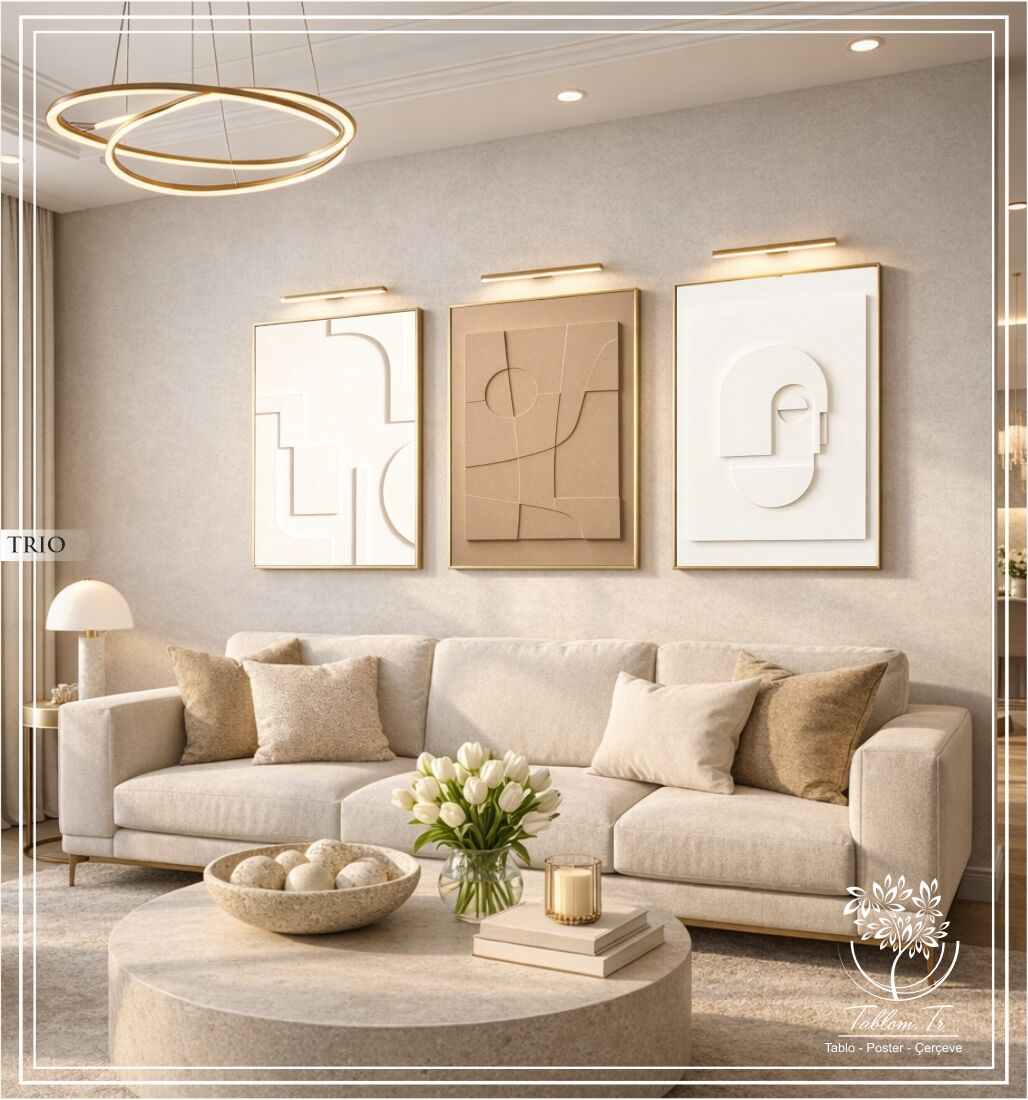Dijital Baskılı Metal Çerçeveli Camlı Üçlü Dekoratif Tablo - Trio