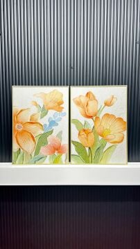 Dijital Baskılı Metal Çerçeveli Camlı İkili Dekoratif Tablo -Pastel Buket Model A